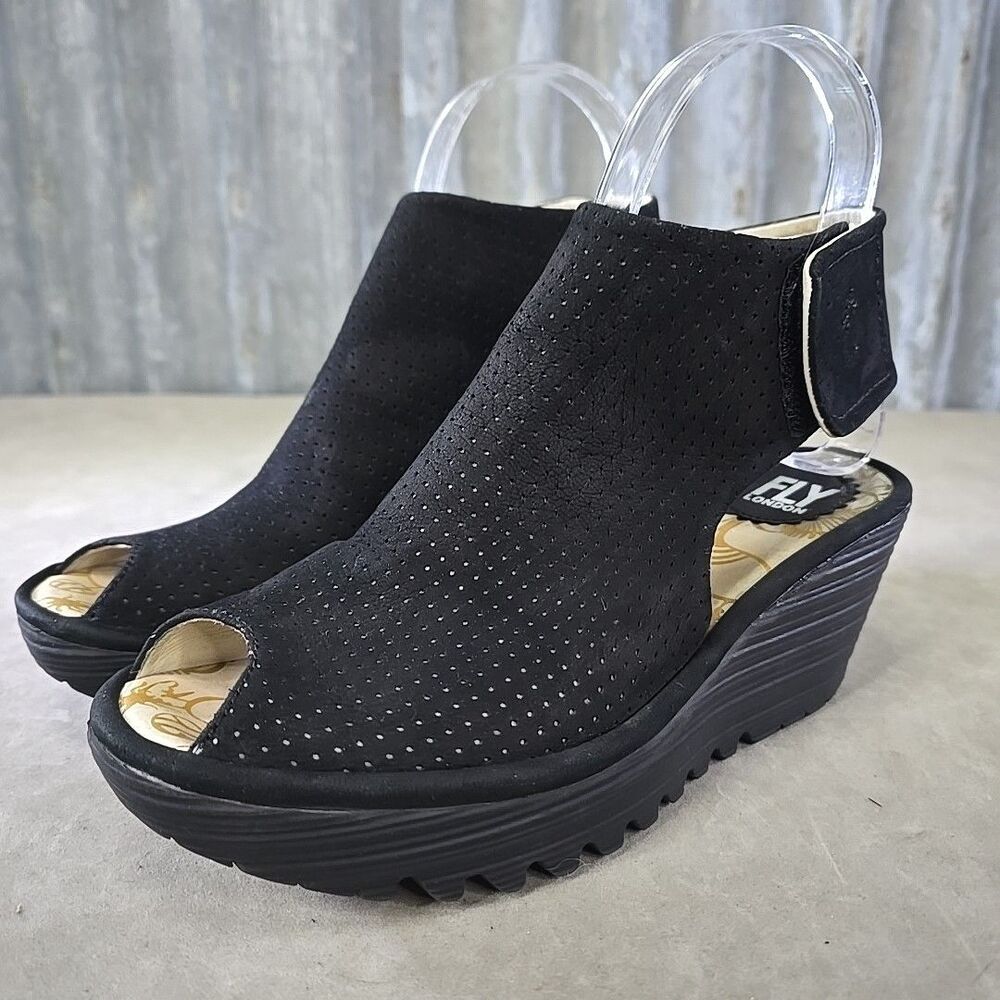 Fly London Yone Black Suede Wedge Platform Sandals Comfy Women Shoe 5.5-6 EU36